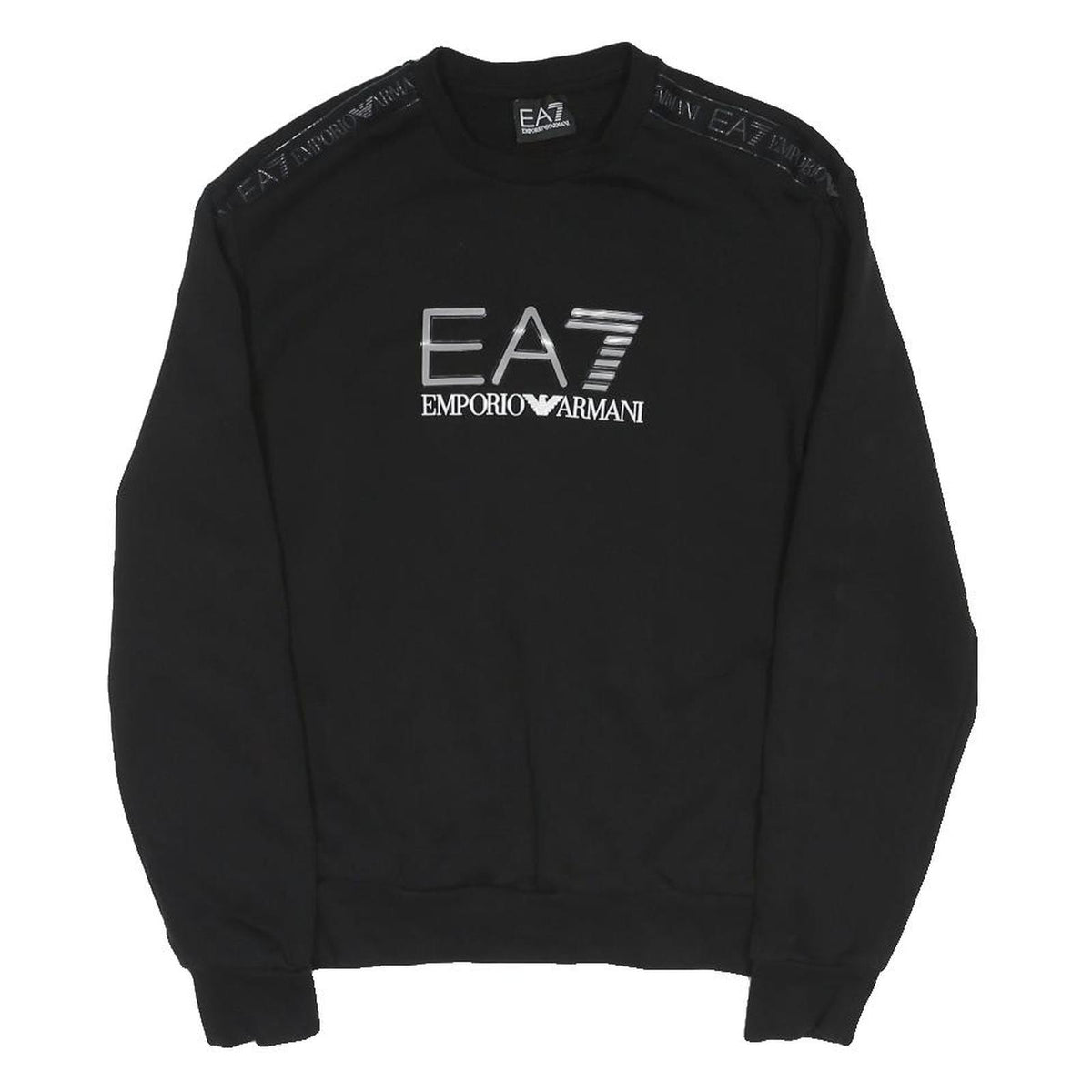 EA7 EMPORIO ARMANI Mens Black Pullover Crew Neck S Logo Tape Shoulder Sweatshirt