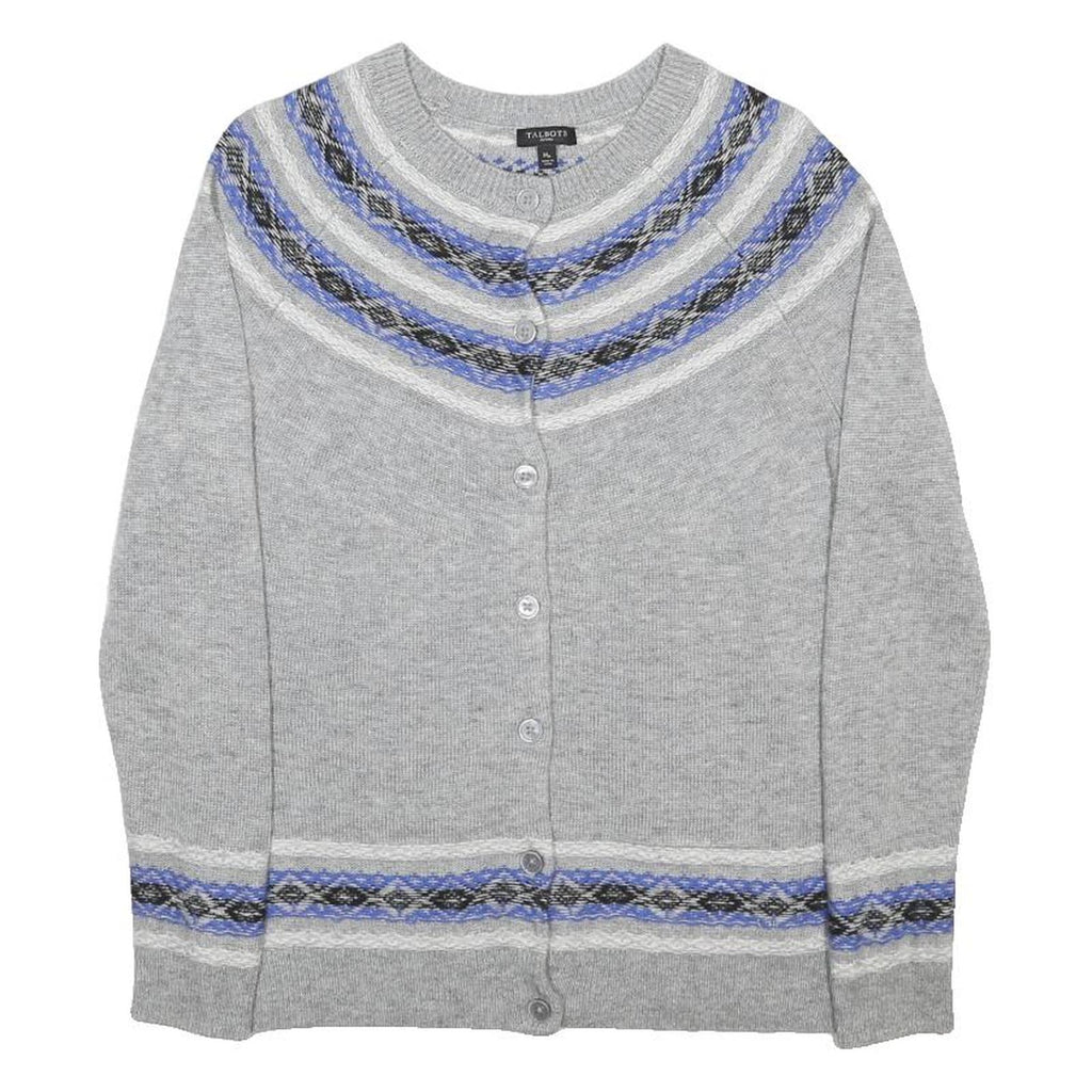 TALBOTS Womens Grey Blue Patterned Wool Blend Cardigan Round Neck Tight Knit M