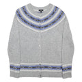 TALBOTS Womens Grey Blue Patterned Wool Blend Cardigan Round Neck Tight Knit M
