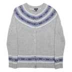 TALBOTS Womens Grey Blue Patterned Wool Blend Cardigan Round Neck Tight Knit M