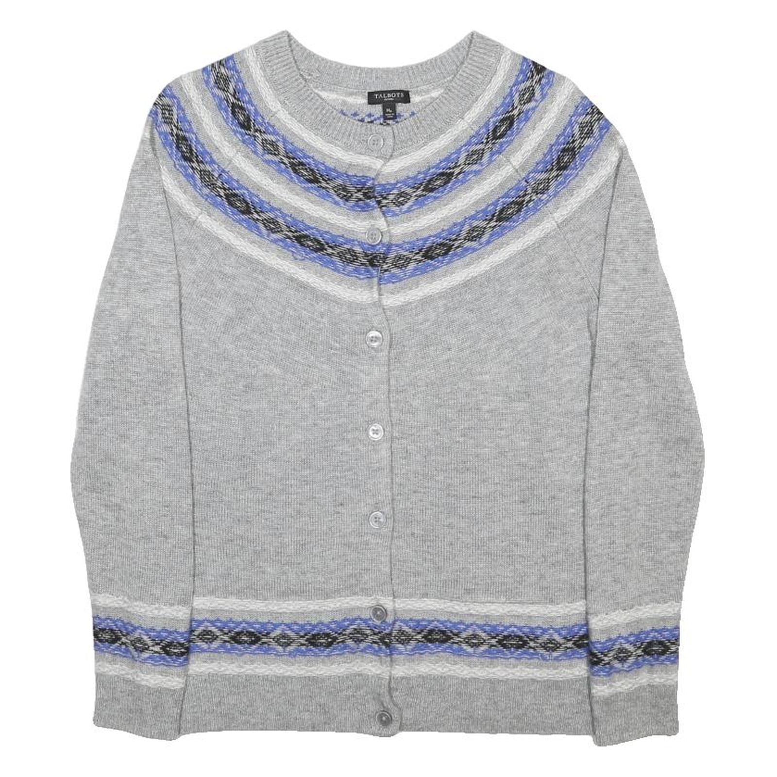 TALBOTS Womens Grey Blue Patterned Wool Blend Cardigan Round Neck Tight Knit M