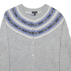 TALBOTS Womens Grey Blue Patterned Wool Blend Cardigan Round Neck Tight Knit M