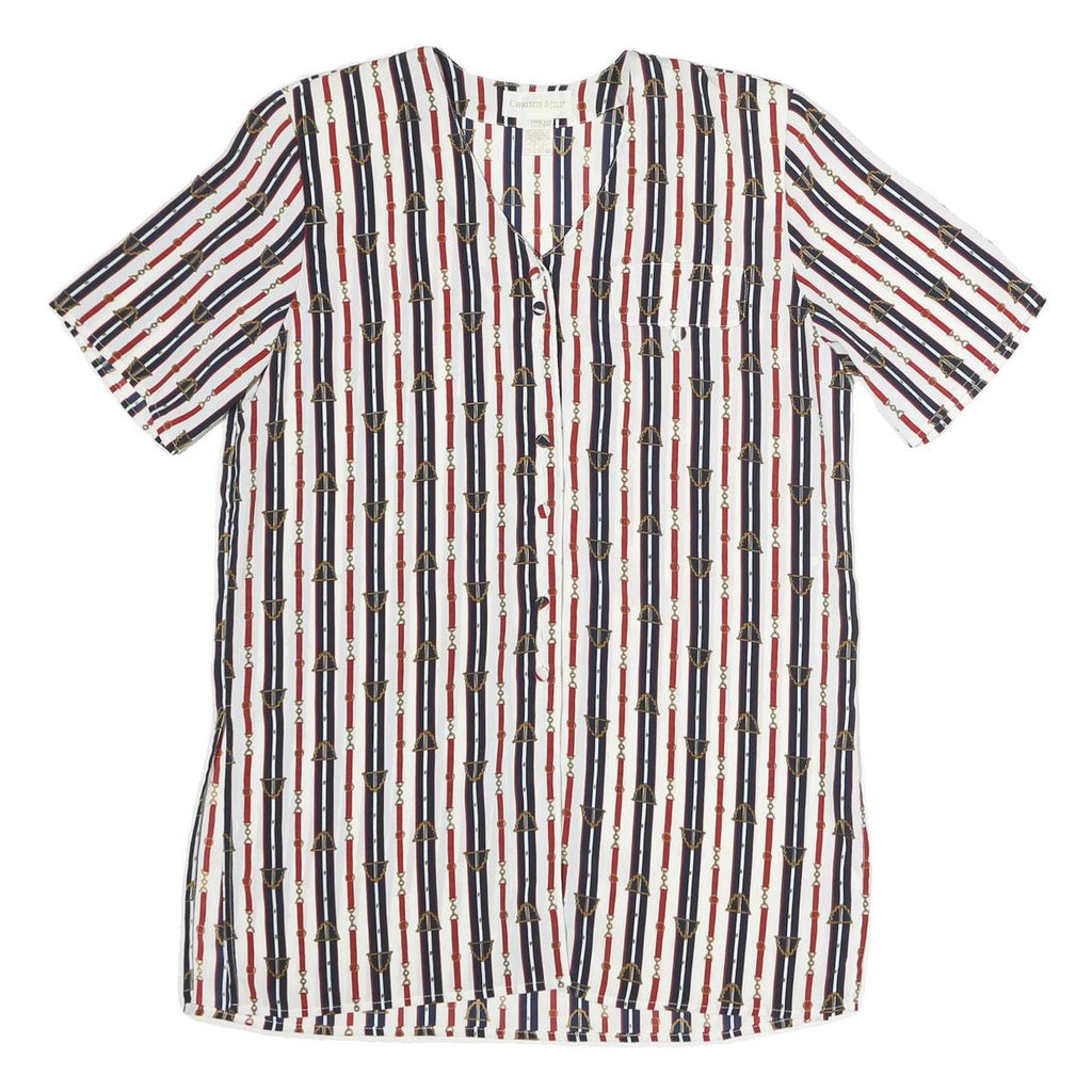 CHRISTIE JILL Womens White Blue & Red Printed Short Sleeve V-Neck Top M Stylish