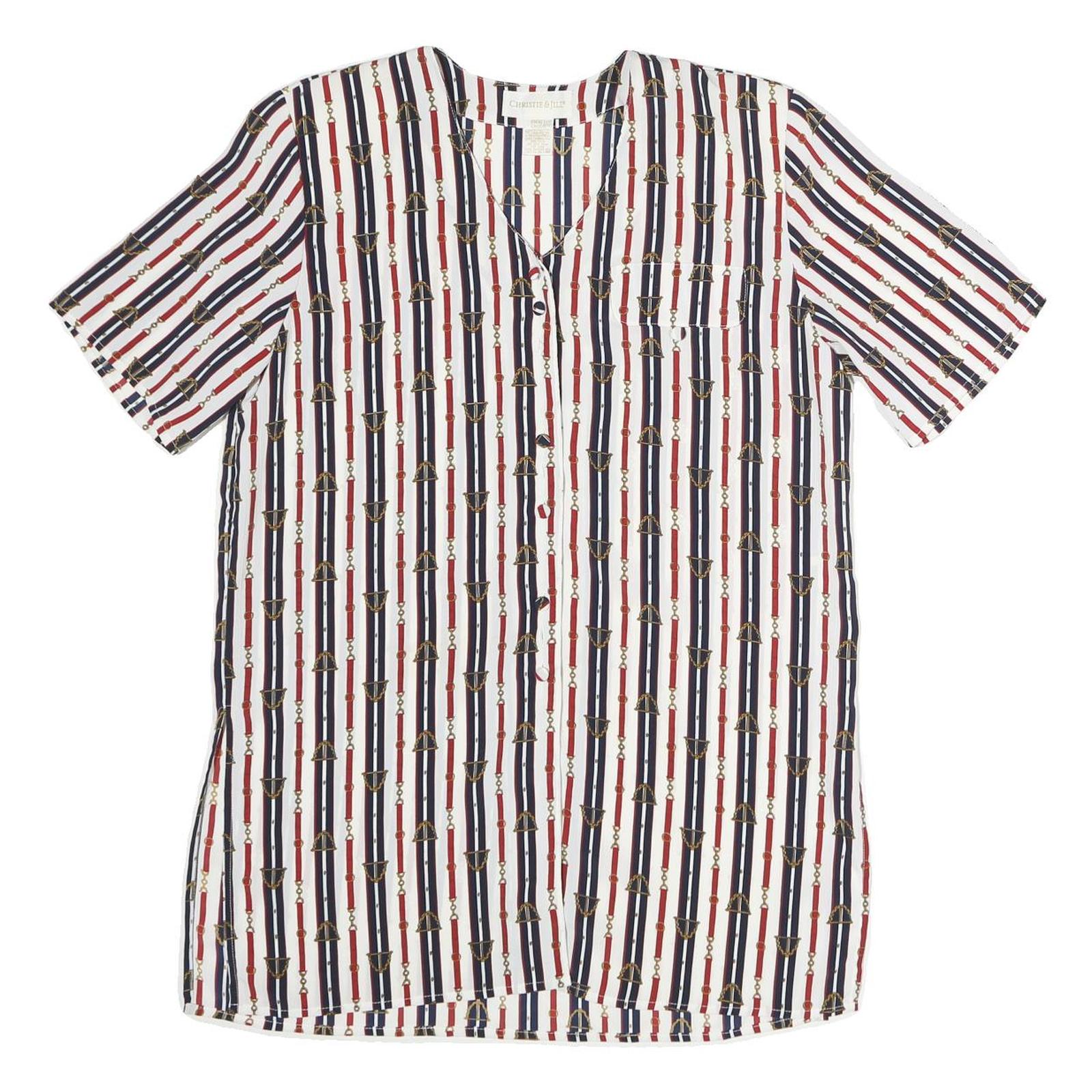 CHRISTIE JILL Womens White Blue & Red Printed Short Sleeve V-Neck Top M Stylish