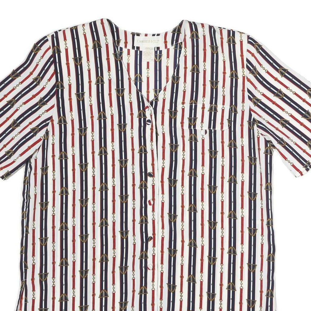 CHRISTIE JILL Womens White Blue & Red Printed Short Sleeve V-Neck Top M Stylish