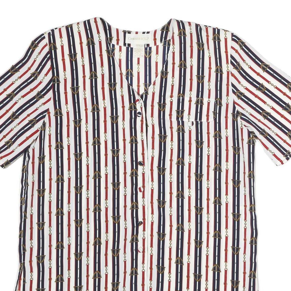 CHRISTIE JILL Womens White Blue & Red Printed Short Sleeve V-Neck Top M Stylish