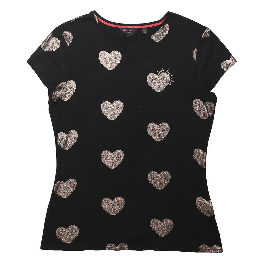 TED BAKER Womens Black T-Shirt UK 4 Short Sleeve Round Neck Heart Print