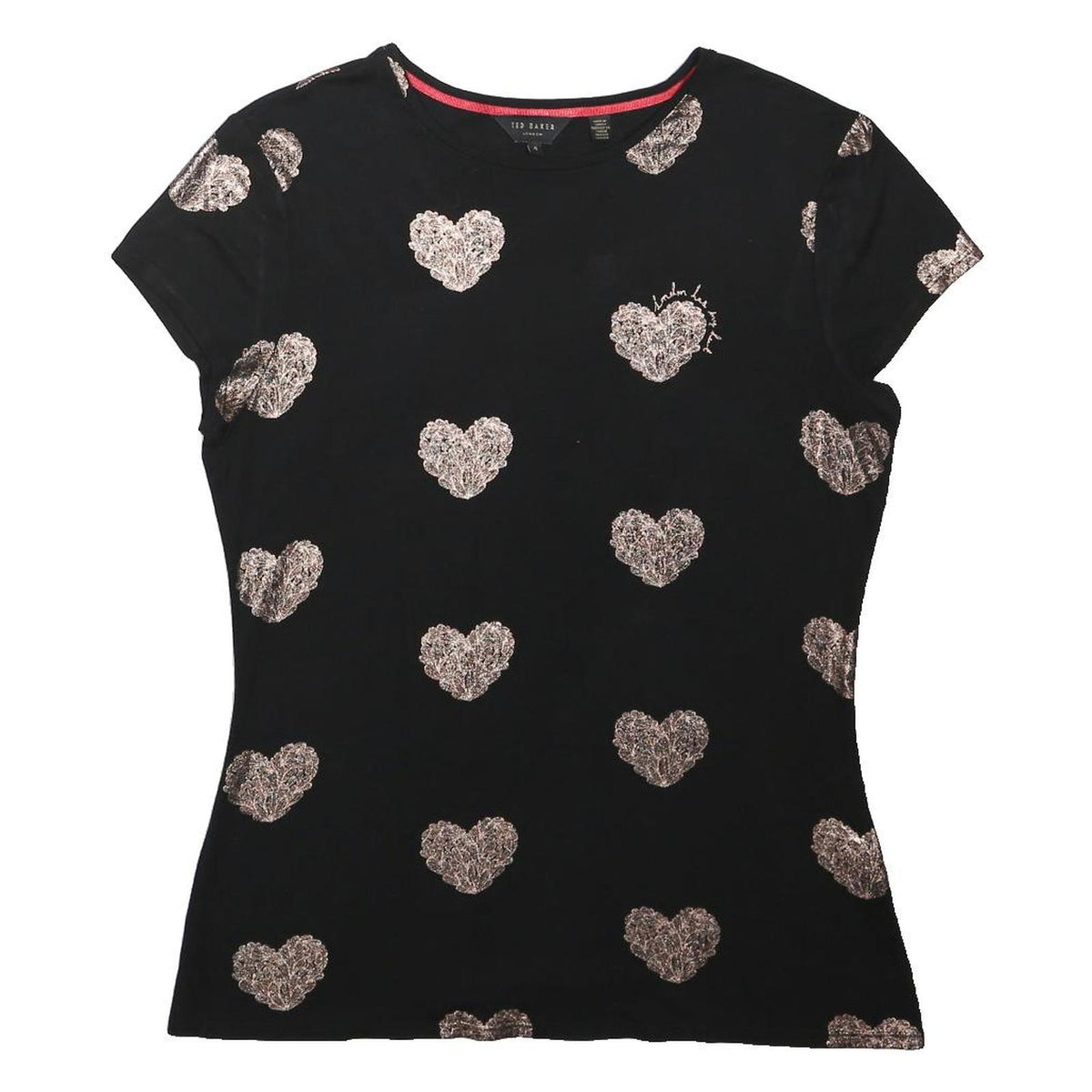 TED BAKER Womens Black T-Shirt UK 4 Short Sleeve Round Neck Heart Print