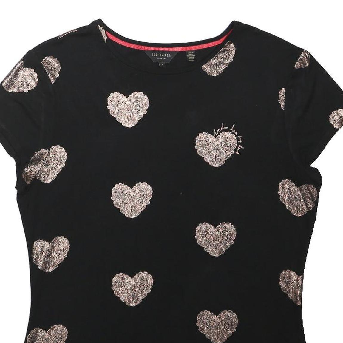TED BAKER Womens Black T-Shirt UK 4 Short Sleeve Round Neck Heart Print