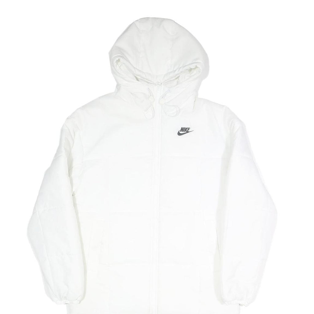 NIKE Mens White Long Sleeve Zip Up Puffer Jacket S Polyester Lightweight Hooded