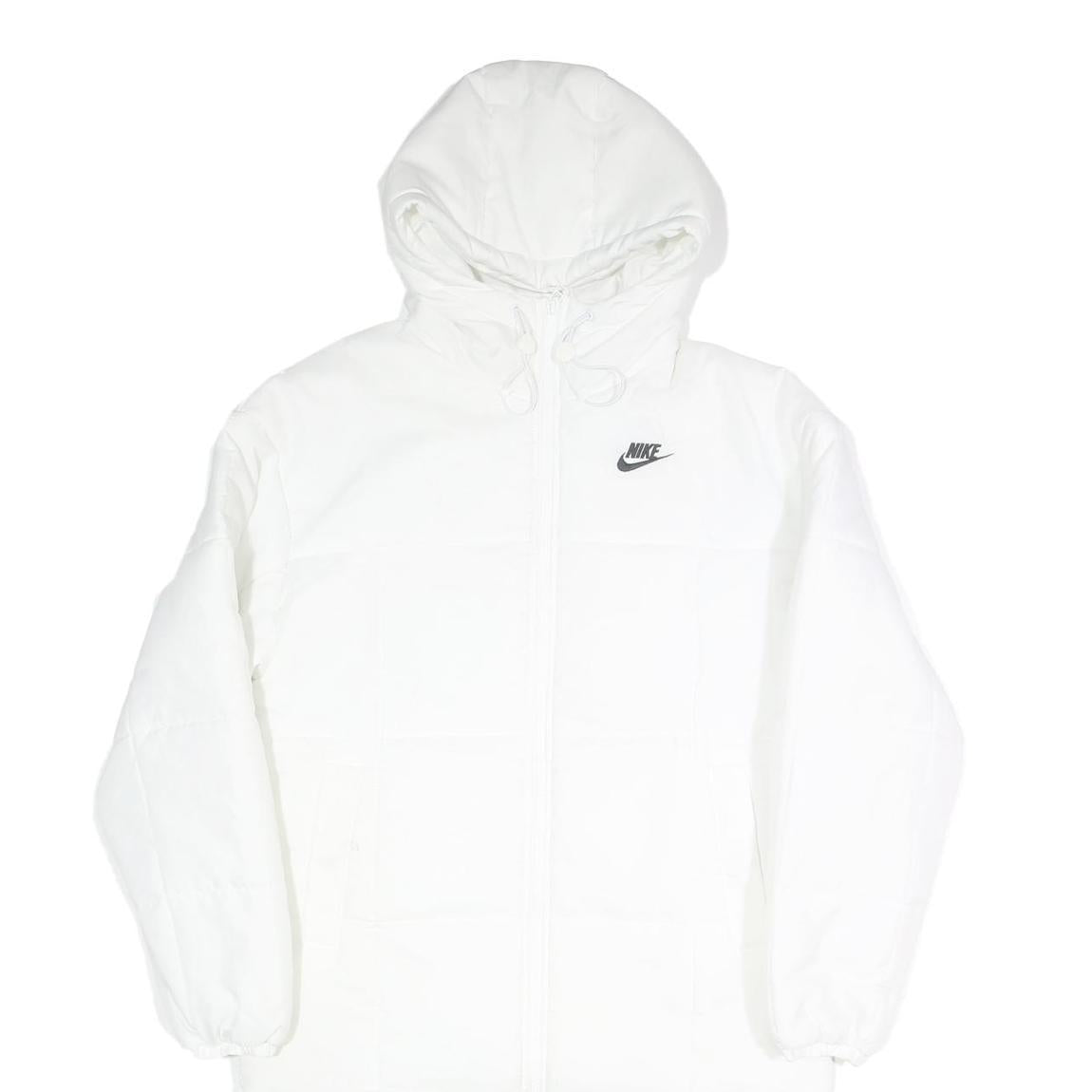NIKE Mens White Long Sleeve Zip Up Puffer Jacket S Polyester Lightweight Hooded