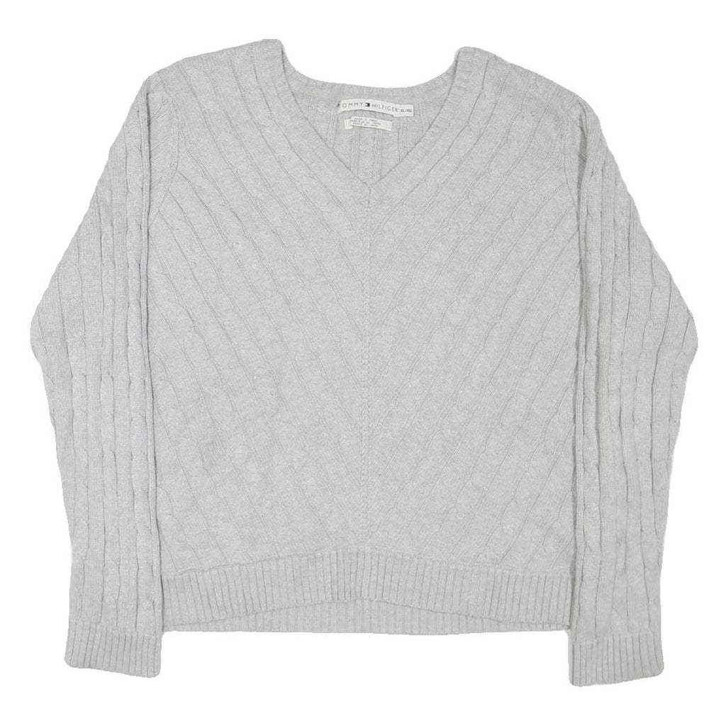 TOMMY HILFIGER Mens Grey Plain Cotton Blend V-Neck Cable Knit Jumper XL Classic