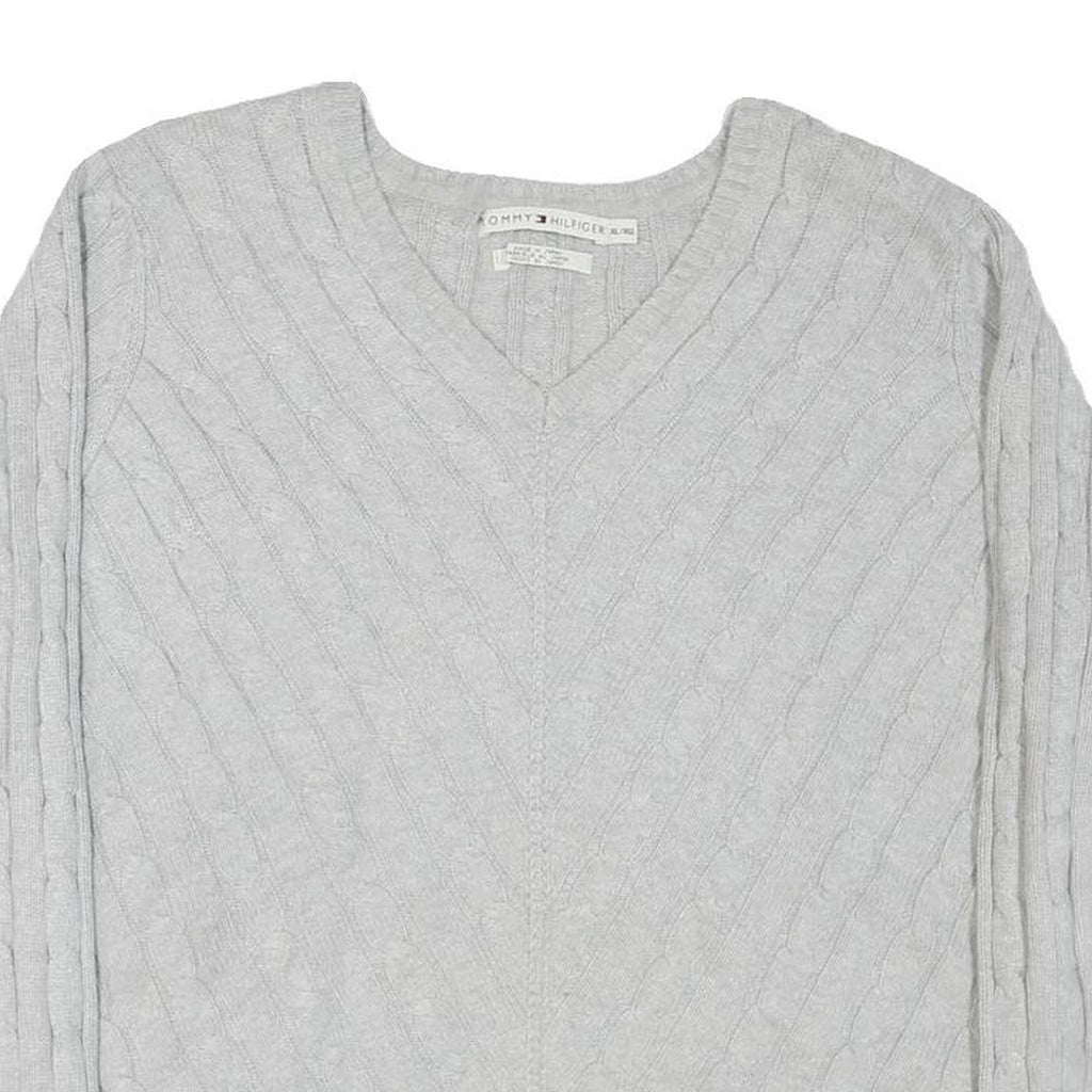 TOMMY HILFIGER Mens Grey Plain Cotton Blend V-Neck Cable Knit Jumper XL Classic