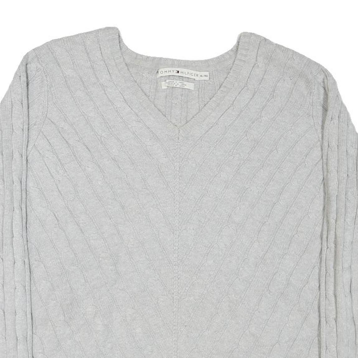 TOMMY HILFIGER Mens Grey Plain Cotton Blend V-Neck Cable Knit Jumper XL Classic