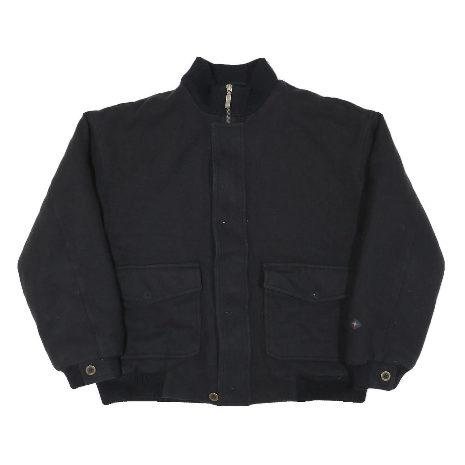 BISON CLUB Mens Black Wool Blend Bomber Jacket L Zip Closure Plain Classic Fit