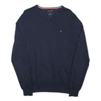 TOMMY HILFIGER Mens Navy Blue Plain Cotton Blend Jumper V-Neck Basic Knit M