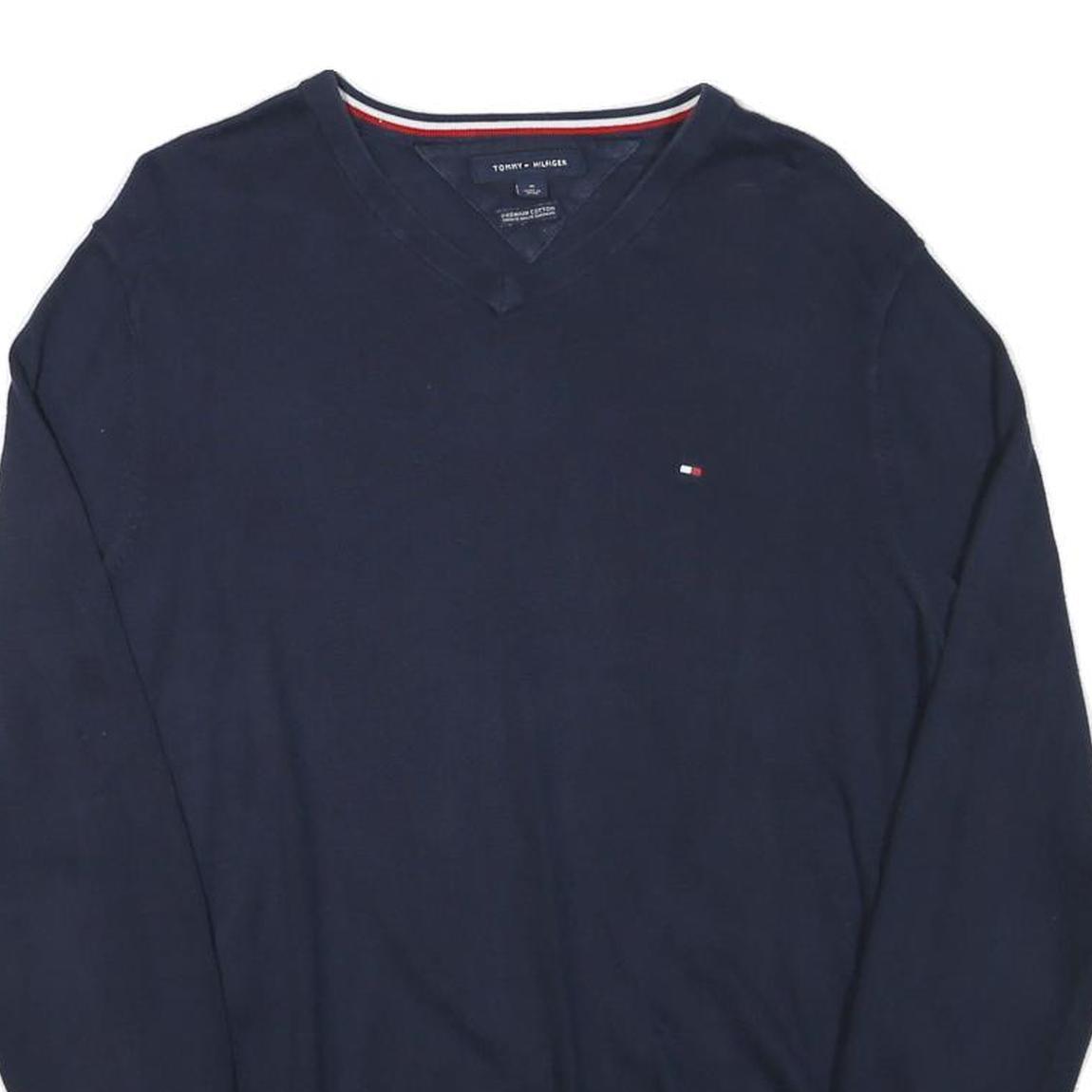 TOMMY HILFIGER Mens Navy Blue Plain Cotton Blend Jumper V-Neck Basic Knit M