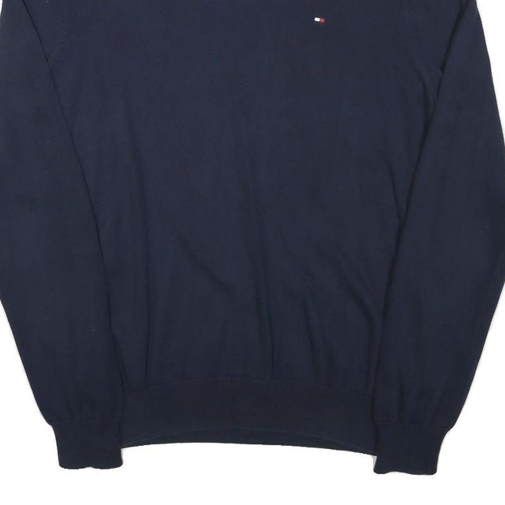 TOMMY HILFIGER Mens Navy Blue Plain Cotton Blend Jumper V-Neck Basic Knit M