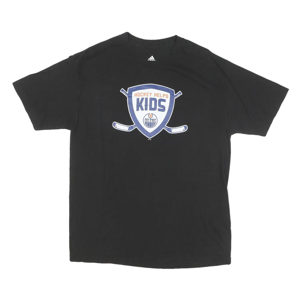 ADIDAS Mens Black & Orange Hockey Helps Kids Graphic T-Shirt L Short Sleeve Crew