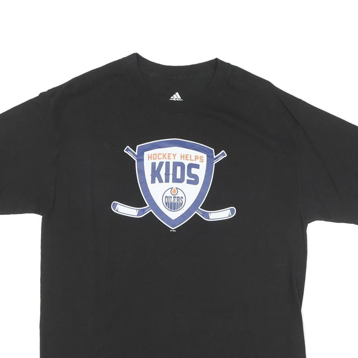 ADIDAS Mens Black & Orange Hockey Helps Kids Graphic T-Shirt L Short Sleeve Crew