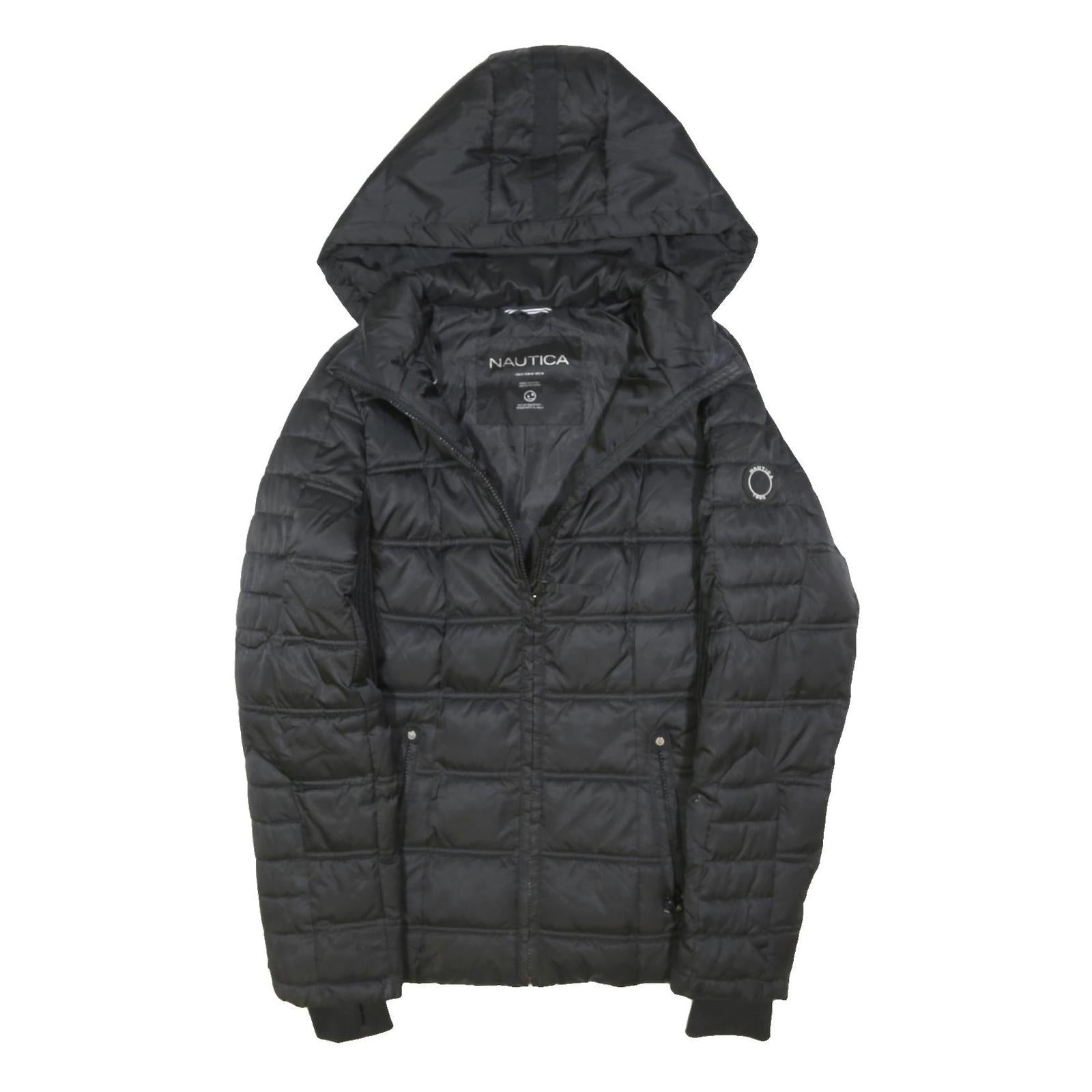 NAUTICA Womens Black Hooded Quilted Jacket M Polyester Blend Zip Outerwear