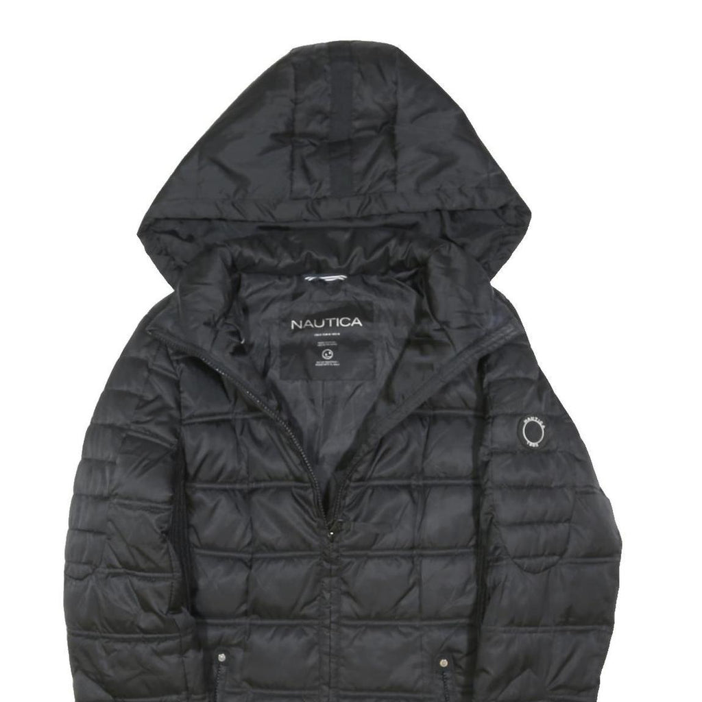 NAUTICA Womens Black Hooded Quilted Jacket M Polyester Blend Zip Outerwear