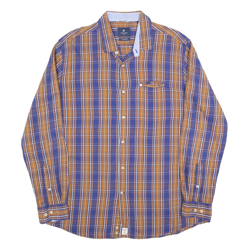 PIERRE CARDIN Mens Blue & Brown Check Shirt XL Modern Fit Casual Long Sleeve