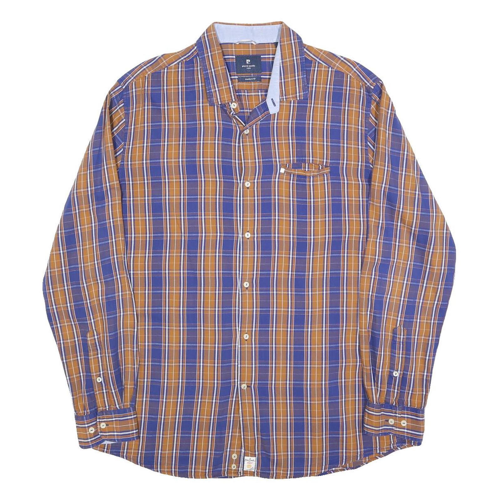 PIERRE CARDIN Mens Blue & Brown Check Shirt XL Modern Fit Casual Long Sleeve