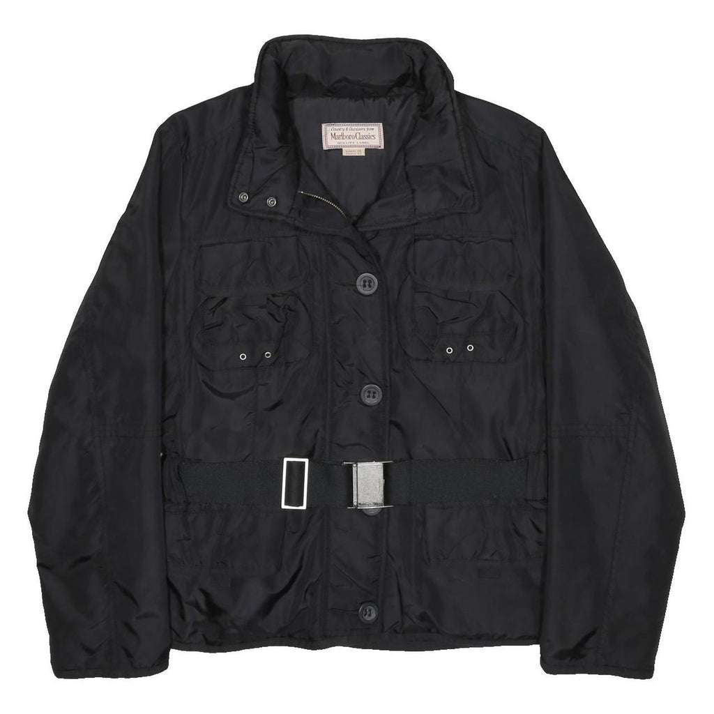 MARLBORO Womens Black Belted Zip Jacket L Synthetic Plain Lightweight