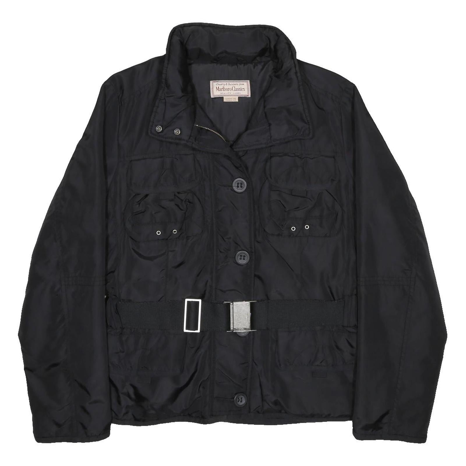 MARLBORO Womens Black Belted Zip Jacket L Synthetic Plain Lightweight