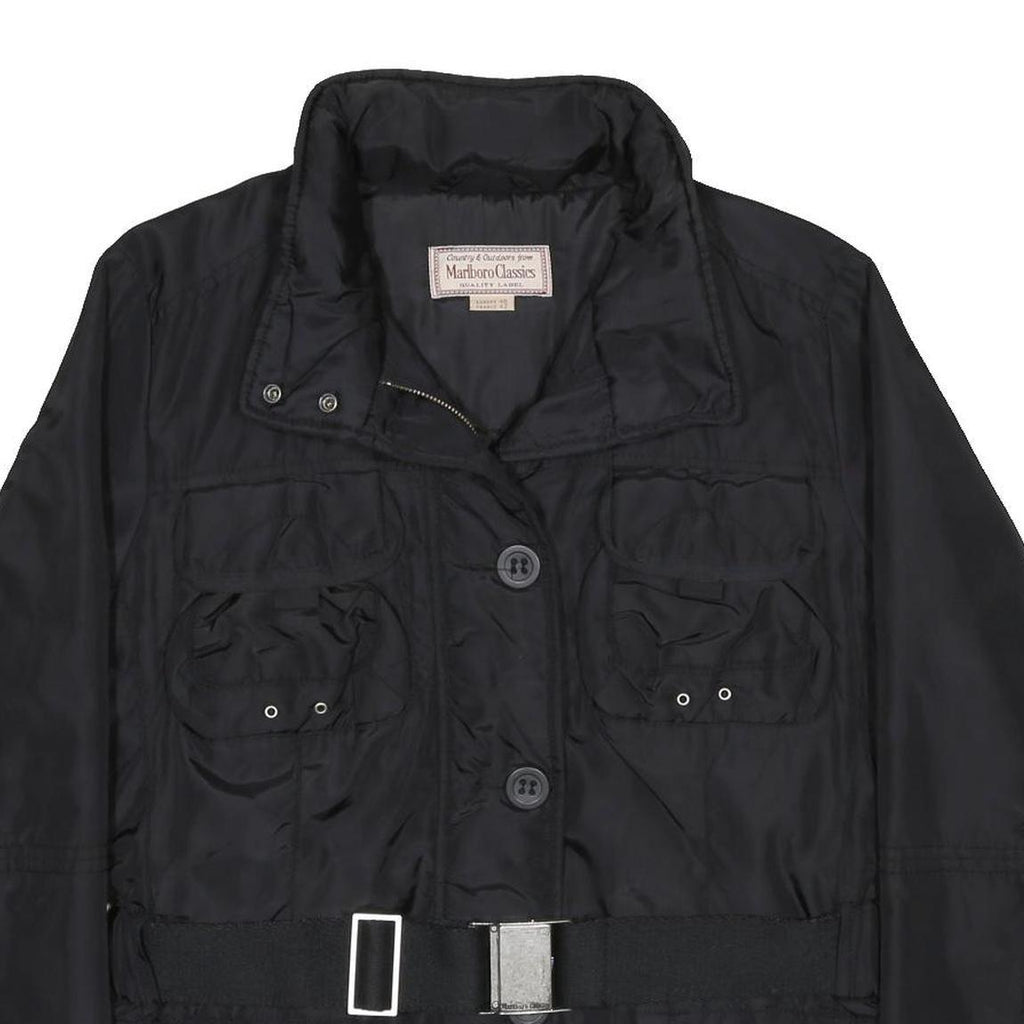 MARLBORO Womens Black Belted Zip Jacket L Synthetic Plain Lightweight