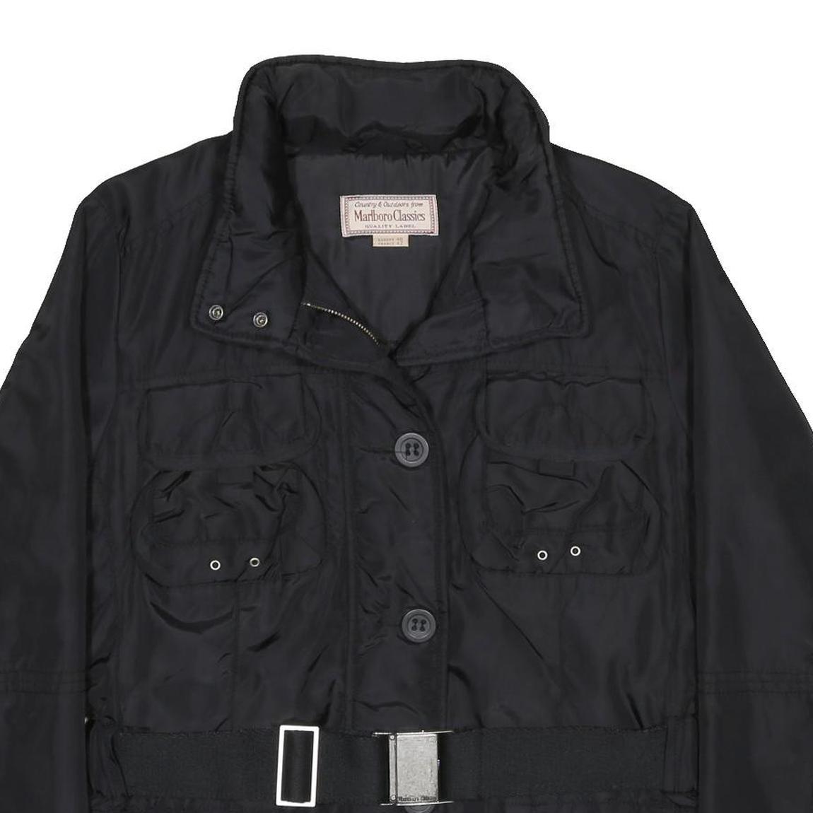 MARLBORO Womens Black Belted Zip Jacket L Synthetic Plain Lightweight