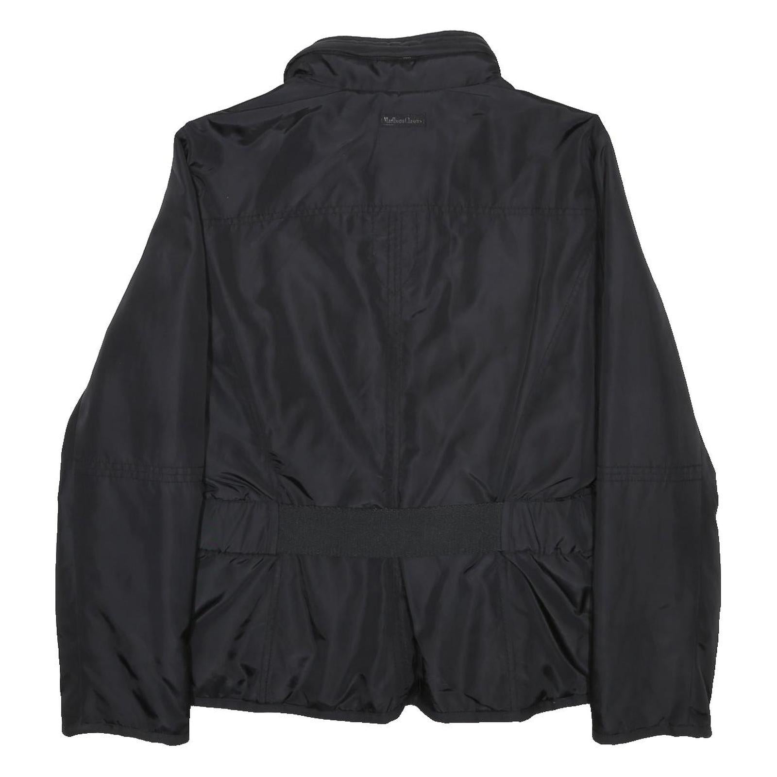 MARLBORO Womens Black Belted Zip Jacket L Synthetic Plain Lightweight