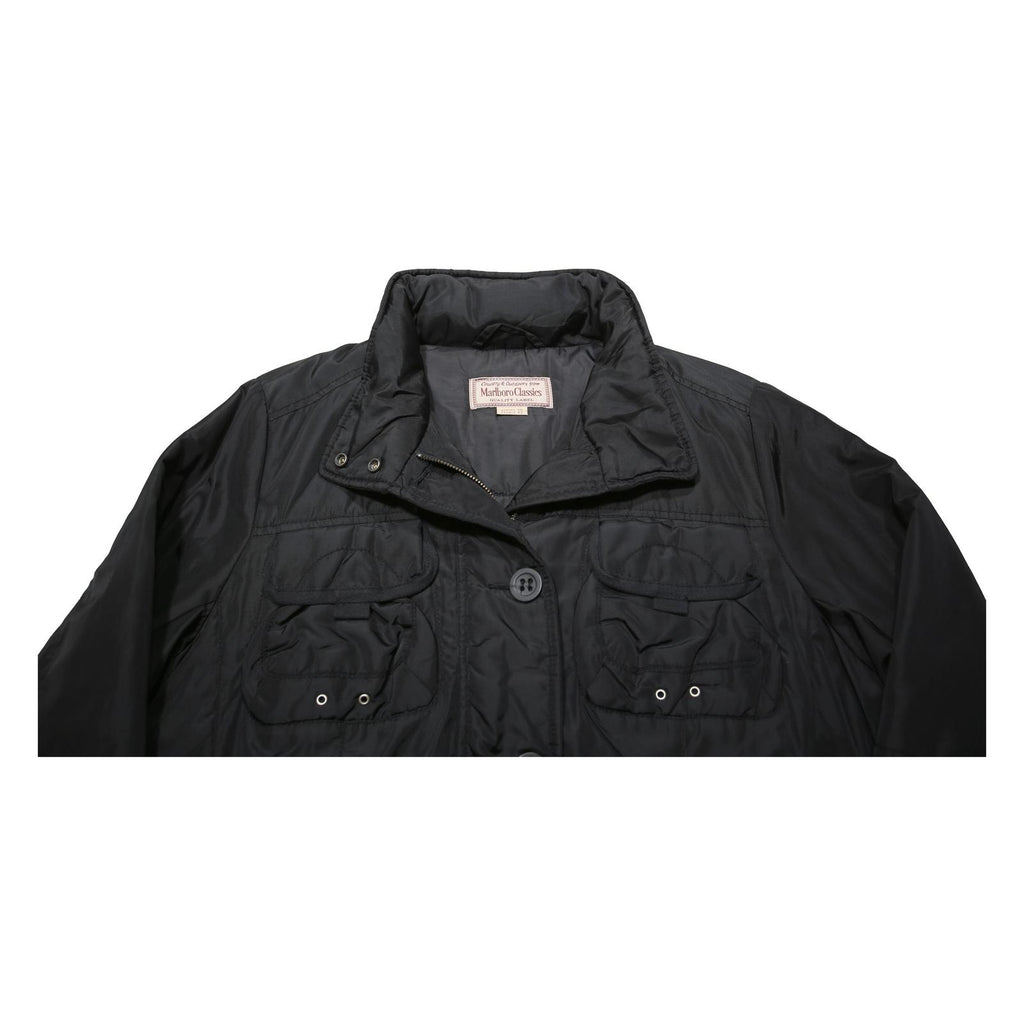 MARLBORO Womens Black Belted Zip Jacket L Synthetic Plain Lightweight