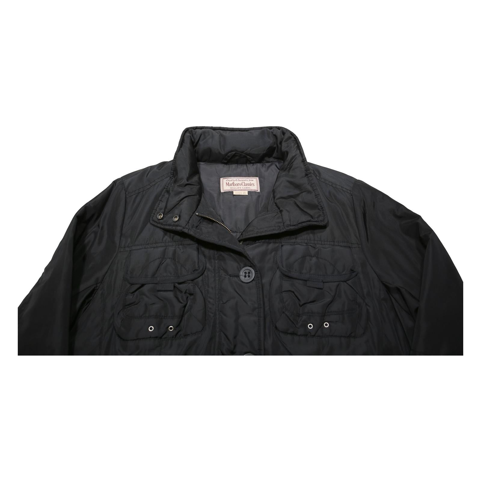 MARLBORO Womens Black Belted Zip Jacket L Synthetic Plain Lightweight