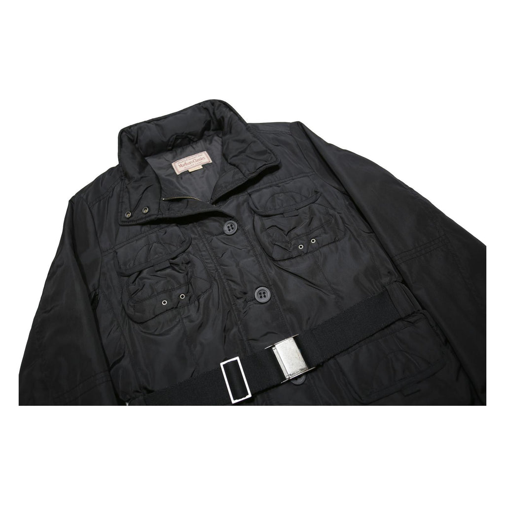 MARLBORO Womens Black Belted Zip Jacket L Synthetic Plain Lightweight