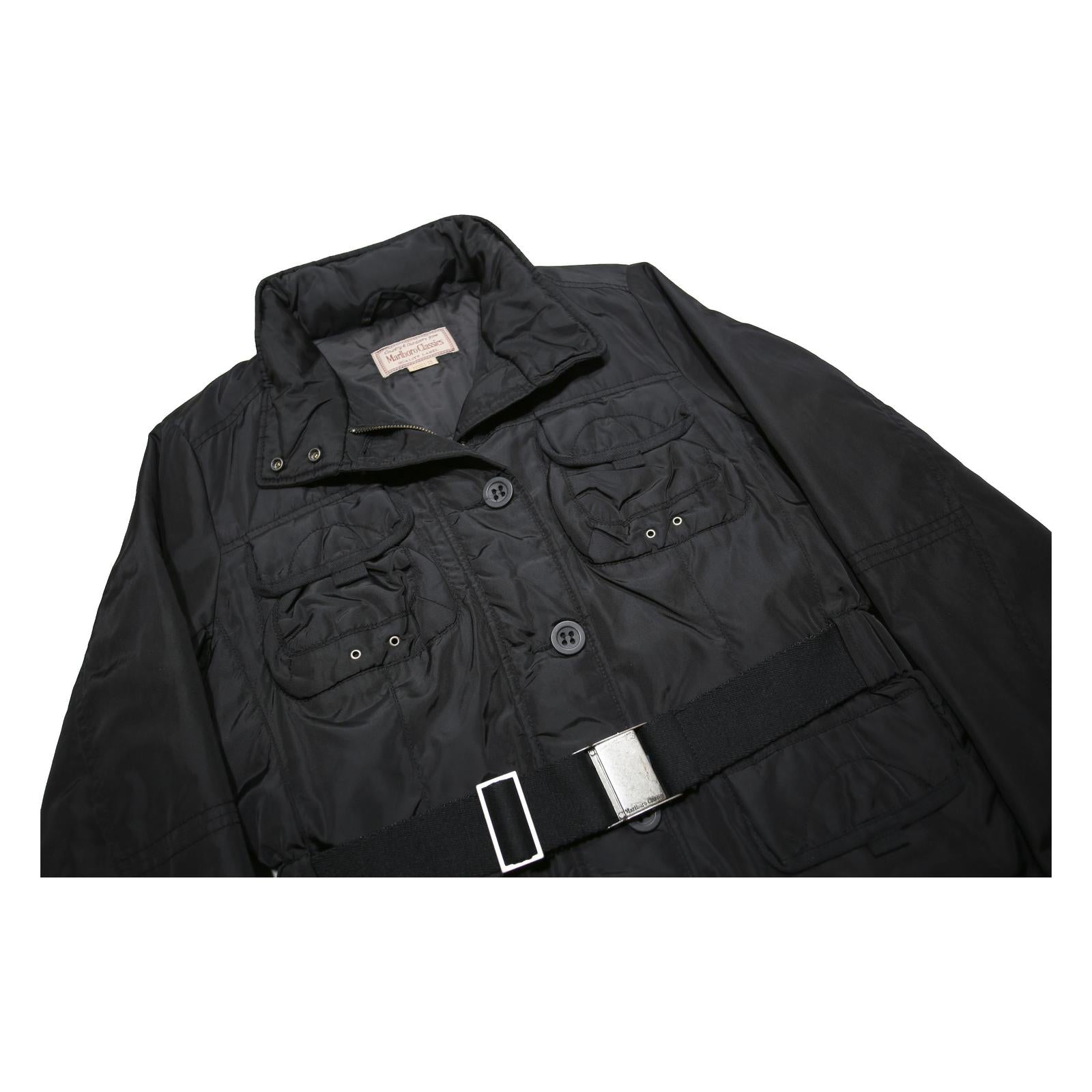 MARLBORO Womens Black Belted Zip Jacket L Synthetic Plain Lightweight