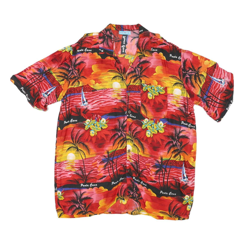 PUNTA CANA Womens Red & Yellow Rayon Hawaiian Shirt M Tropical Sunset Print