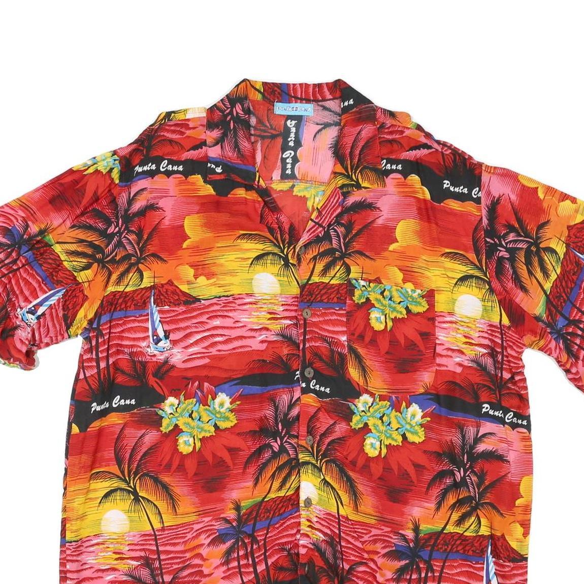 PUNTA CANA Womens Red & Yellow Rayon Hawaiian Shirt M Tropical Sunset Print