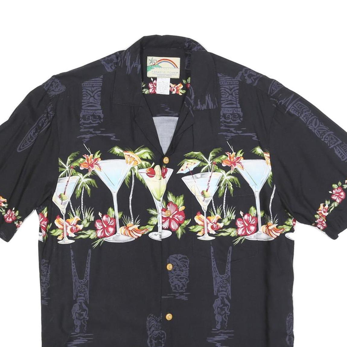 PARADISE FOUND Mens Black Rayon Cocktail Print Shirt S Vacation Party Summer