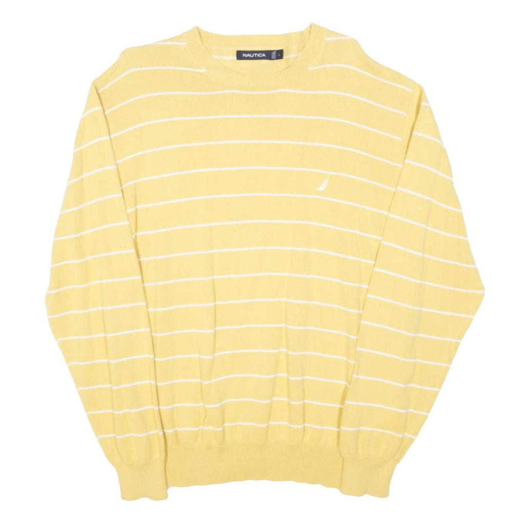 NAUTICA Mens Yellow & White Striped Pattern Crew Neck Basic Knit Jumper L Cotton