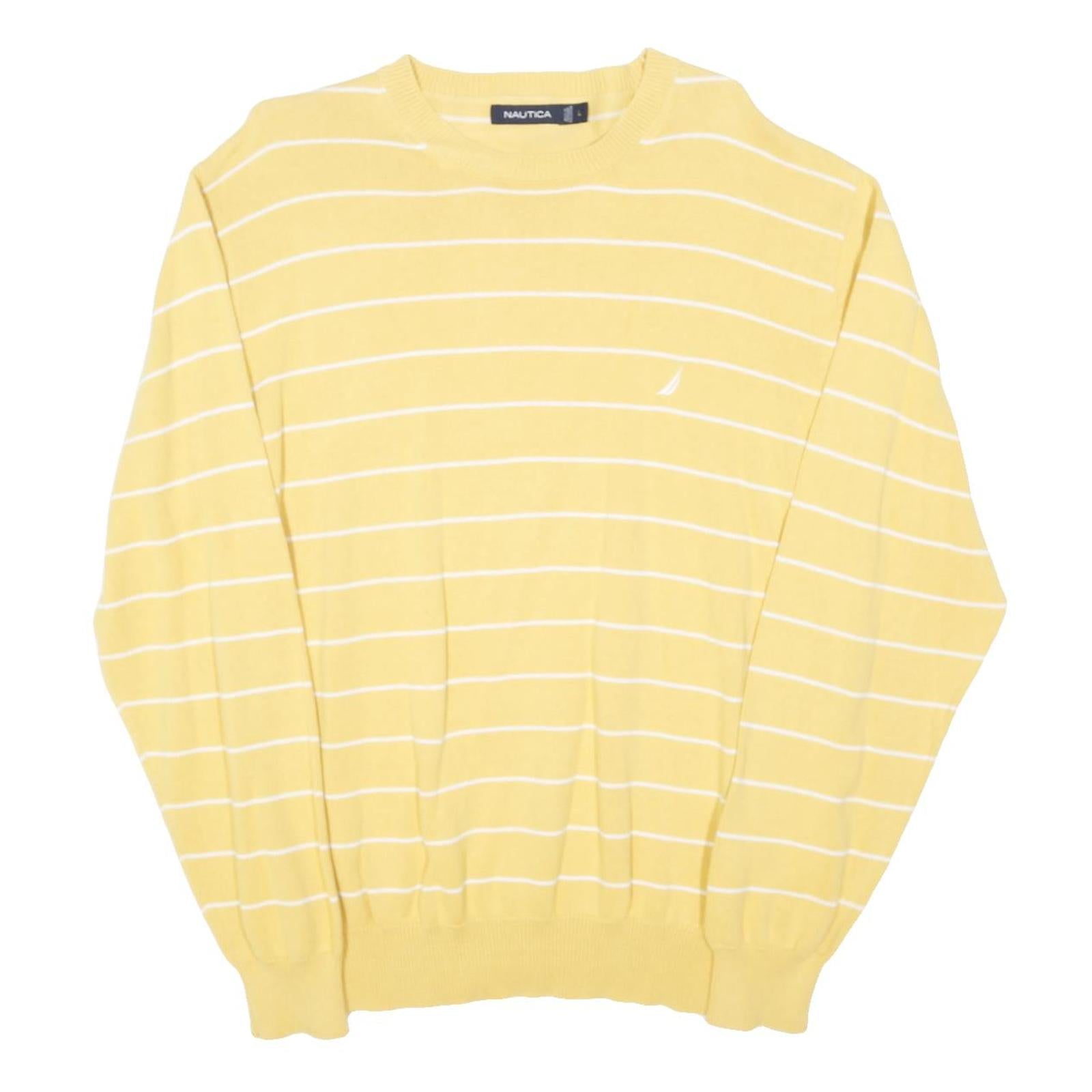 NAUTICA Mens Yellow & White Striped Pattern Crew Neck Basic Knit Jumper L Cotton
