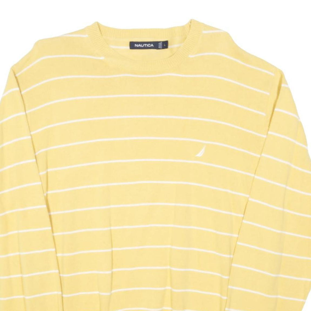 NAUTICA Mens Yellow & White Striped Pattern Crew Neck Basic Knit Jumper L Cotton