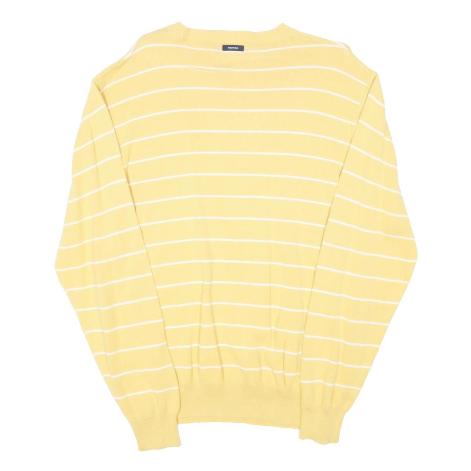 NAUTICA Mens Yellow & White Striped Pattern Crew Neck Basic Knit Jumper L Cotton