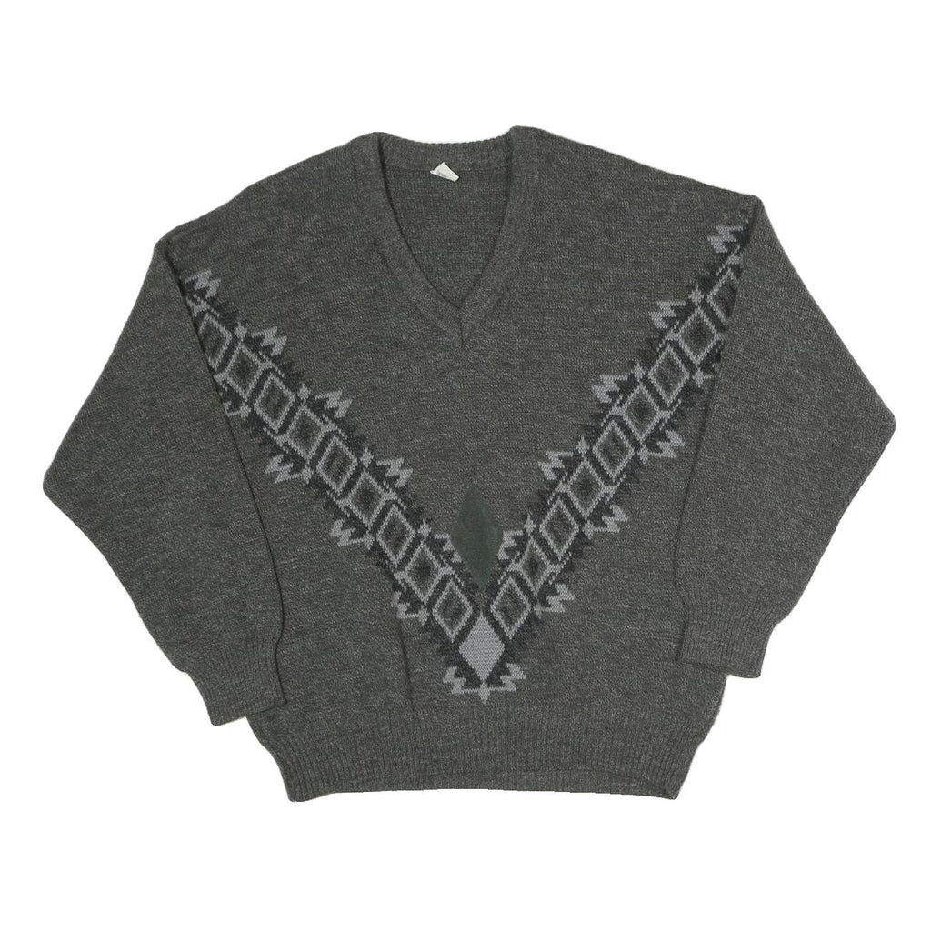 N/A Mens Grey V Patterned V-Neck Basic Knit Jumper XL Cotton Blend Classic
