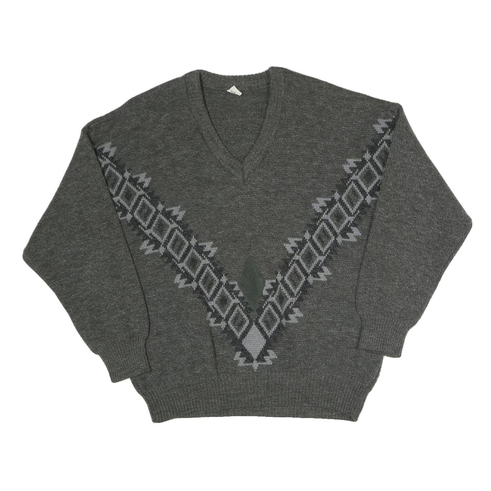 N/A Mens Grey V Patterned V-Neck Basic Knit Jumper XL Cotton Blend Classic