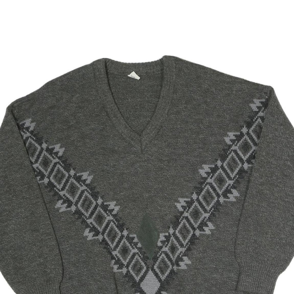 N/A Mens Grey V Patterned V-Neck Basic Knit Jumper XL Cotton Blend Classic