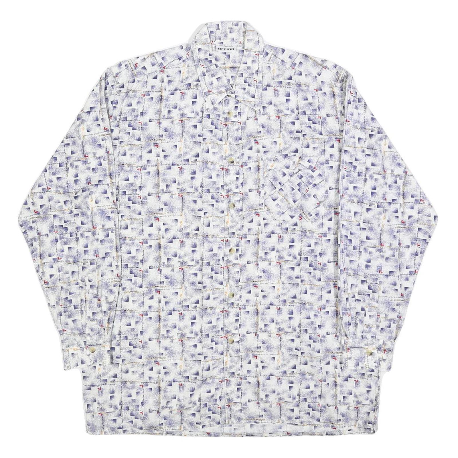 BREMO Mens White & Purple Abstract Print Shirt L Long Sleeve Button Cotton