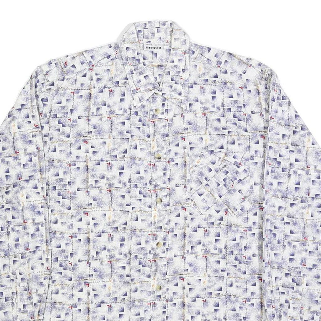 BREMO Mens White & Purple Abstract Print Shirt L Long Sleeve Button Cotton