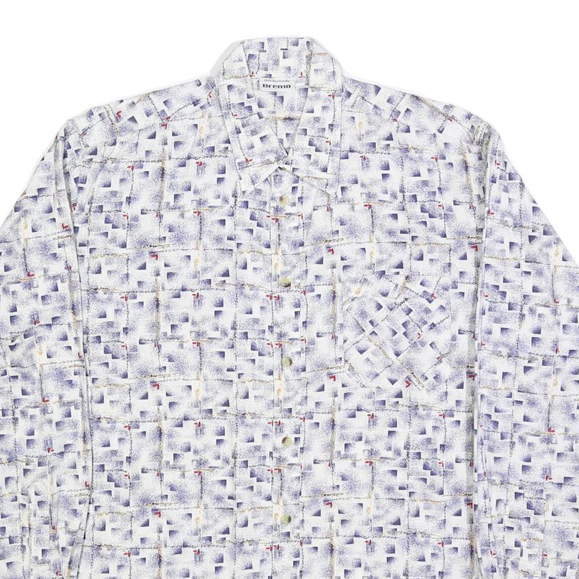BREMO Mens White & Purple Abstract Print Shirt L Long Sleeve Button Cotton